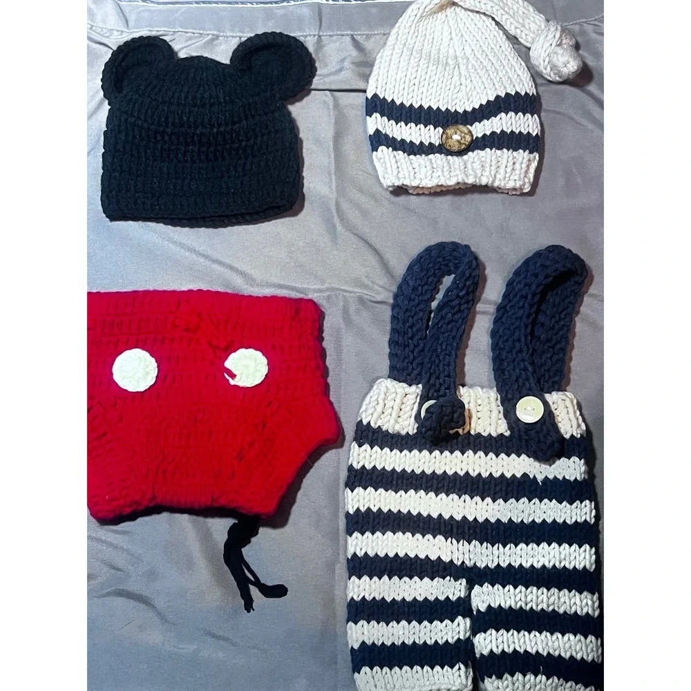 2 Knit Outfit Newborn Crochet Pants Hat Photo‎ Props Shoot Baby Boy Mickey Lot